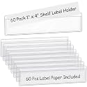 60 Pack 1.2" x 4.3" Self Adhesive Label Holders with 60Pcs Paper Label Inserts, Shelf Tag Label Holder Clear Pockets for Bookshelf Mailbox Shelves Storage Bins
