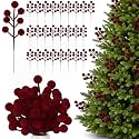 60 Pcs Burgundy 6.5 Inch Christmas Holly Berry Stems