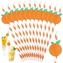 60 PCS Orange Paper Straws Drinking Disposable Fruit Cocktail White Striped