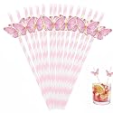 60 Pcs Pink Butterfly Paper Straws Disposable Striped Straws for Cocktail Milkshake Cold Drinks Party Decorations