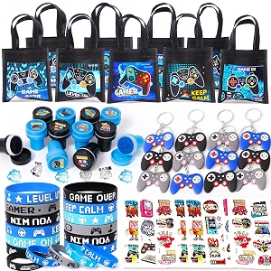 60pcs video game party favors gamer birthday party supplies for kids non woven bags silicone bracelet stamper keychain glow sticker game on gift goodie treat bag fillers boy gaming party favors