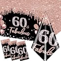 60th Birthday Decorations Set - 3Pcs Rose Gold and Black Glitter Tablecloths for Women, Table Cover, Disposable Supplies