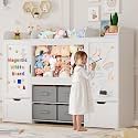 61"W Toy Storage Organizer, Kids Bookshelf with 122L Stuffed Animal Storage, 2 Magnetic Drawing Boards, 2 Movable Toy Boxes and 4 Fabric Bins, Wooden Shelf for Kids Room/Playroom/Living Room
