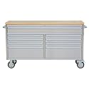 61 inch Rolling Tool Chest, Garage Workbench with 9 Drawers, Solid Rubber Wood Top & with Wheels Lock Key Locking, Mobile Workstation Tool Cabinet for Workshop Storage