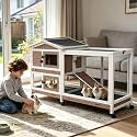 62" L Extra Large Wooden Rabbit Hutch on Wheels with Chew-Proof Ramp, Brown