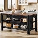 63" Solid Wood Kitchen Island with Storage Shelves, Black