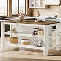 63" Solid Wood Kitchen Island with Storage Shelves, White &amp; Brown