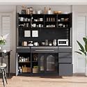 63'' W Buffet Cabinet with Hutch, Large Coffee Bar Storage Cabinet with 6 Drawers, Kitchen Pantry Sideboard with 5 Cabinets and Adjustable Shelves, Pegboard, Towel Rack, Power Outlet (Black-Q12)