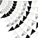 64FT Black White Silver Triangle Pennant Banner Flag Metallic Fabric Bunting Garland for Christmas Graduation Birthday Wedding Bridal Shower Nautical Ahoy Achor Theme Party Decorations Supplies