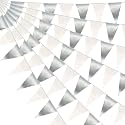 64FT White Silver Triangle Pennant Banner Flag Metallic Fabric Bunting Garland for Christmas Graduation Birthday Wedding Bridal Shower Nautical Ahoy Achor Theme Party Decorations Supplies