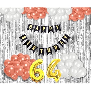 64th birthday decoration items for girls with rose gold and white balloons black happy birthday banner silver foil curtain foil balloon number 64