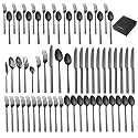 65 Pcs Black Hammered Silverware Set with Serving Utensils for 12