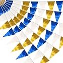 65FT Navy-Blue White Gold Triangle Pennant Banner Flag Metallic Fabric Bunting Garland for Christmas Graduation Retirement Birthday Wedding Bridal Shower Nautical Ahoy Achor Party Decorations Supplies