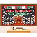 65Pcs Christmas Fireplace Bulletin Board Set Xmas Warm Wishes for The Holidays Classroom Decorations Winter Stocking Hearth Holiday Paper Cutouts for Winter School Home Chalkboard Wall Door Supplies