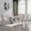 68" Marble Dining Table Set for 6, Luxury White Faux Marble Kitchen Table with 6 Beige Velvet Dining Chairs Modern 7-Piece Dining Room Table Set for 6 w/Silver Stainless Steel Base
