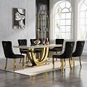 68" Marble Dining Table Set for 6, Luxury White Gold Kitchen Table with 6 Black Velvet Dining Chairs Modern Fuax Marble 7-Piece Dining Room Table Set for 6 w/Stainless Steel Base