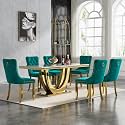 68" Marble Dining Table Set for 6, Luxury White Gold Kitchen Table with 6 Green Velvet Dining Chairs Modern Fuax Marble 7-Piece Dining Room Table Set for 6 w/Stainless Steel Base