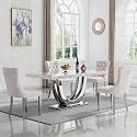 68" Marble Dining Table Set for 4, Luxury White Faux Marble Kitchen Table with 4 Beige Velvet Dining Chairs Modern 5-Piece Dining Room Table Set for 4 w/Silver Stainless Steel Base
