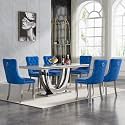 68" Marble Dining Table Set for 6, Luxury White Faux Marble Kitchen Table with 6 Blue Velvet Dining Chairs Modern 7-Piece Dining Room Table Set for 6 w/Silver Stainless Steel Base