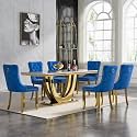 68" Marble Dining Table Set for 6, Luxury White Gold Kitchen Table with 6 Blue Velvet Dining Chairs Modern Fuax Marble 7-Piece Dining Room Table Set for 6 w/Stainless Steel Base
