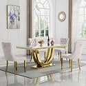 68" Marble Dining Table Set for 4, Luxury White Gold Kitchen Table with 4 Beige Velvet Dining Chairs Modern Fuax Marble 5-Piece Dining Room Table Set for 4 w/Stainless Steel Base