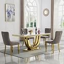 68" Marble Dining Table Set for 4, Luxury White Gold Kitchen Table with 4 Grey Velvet Dining Chairs Modern Fuax Marble 5-Piece Dining Room Table Set for 4 w/Stainless Steel Base