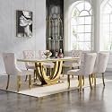 68" Marble Dining Table Set for 6, Luxury White Gold Kitchen Table with 6 Beige Velvet Dining Chairs Modern Fuax Marble 7-Piece Dining Room Table Set for 6 w/Stainless Steel Base