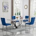 68" Marble Dining Table Set for 4, Luxury White Faux Marble Kitchen Table with 4 Blue Velvet Dining Chairs Modern 5-Piece Dining Room Table Set for 4 w/Silver Stainless Steel Base