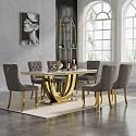 68" Marble Dining Table Set for 6, Luxury White Gold Kitchen Table with 6 Grey Velvet Dining Chairs, Modern Fuax Marble 7-Piece Dining Room Table Set for 6 w/Stainless Steel U-Base