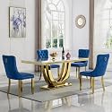 68" Marble Dining Table Set for 4, Luxury White Gold Kitchen Table with 4 Blue Velvet Dining Chairs Modern Fuax Marble 5-Piece Dining Room Table Set for 4 w/Stainless Steel Base