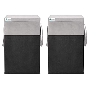 unicraft 68 l foldable laundry basket with lid  large clothes storage bin with handles  collapsible fabric laundry for bedroom bathroom amp home organization grey-black pack of 2