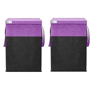 unicraft 68 l foldable laundry basket with lid  large clothes storage bin with handles  collapsible fabric laundry for bedroom bathroom amp home organization purple-black pack of 2
