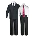 6pc Baby Kid Teen Boys Black Tuxedo Suit with Satin Burgundy Necktie S-20 (S:(0-6 Months))