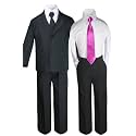 6pc Baby Kid Teen Boys Black Tuxedo Suit with Satin Fuchsia Necktie S-20 (20)