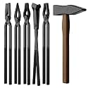 6PCS Blacksmith Tongs &amp; Hammer Set for Knife Making, V-Bit Blade, Wolf Jaw, Flat Jaw,Square Jaw and Scroll Tongs, High Carbon Steel Forging Tools for Bladesmithing