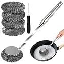 6Pcs Steel Wool Scrubber with Long Handle - Stainless Steel Scrub Brush Set for Scouring Stubborn Messes from Cast Iron Skillets, Grill & Kitchen Pots (1 Scrubber + 4 Pads + 1 Screwdriver)