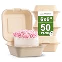6X6 inch Compostable Nature Square Clamshell Take Out Food Containers togo