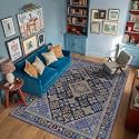 6x9 Boho Machine Washable Low Pile Area Rugs for Living Room Navy Blue