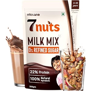 mevano 7 nuts kids protein milk mix powder  0 refined sugar 0 jaggery  22 protein  7 nuts amp dry fruits powder - badam cashew walnut pista date  chocolate milk mix  for 3-10 age 350g