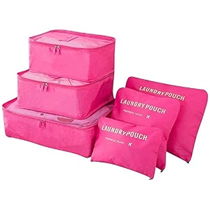 7 pc  6 pc travel oraganizer packing cubes kit sapace saver multi use bag for men and women clothes packing cubes for travel cupboard oraganizer cubes 6 pouch-pink