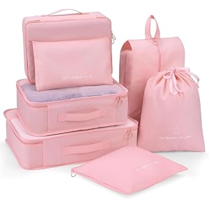 7 pc  6 pc travel oraganizer packing cubes kit sapace saver multi use bag for men and women clothes packing cubes for travel cupboard oraganizer cubes 7 pc-pink oxford