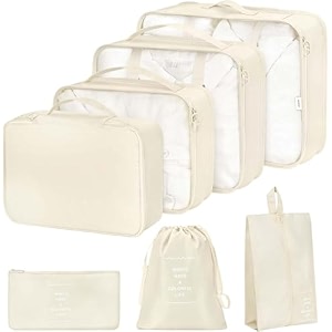 7 pc  6 pc travel oraganizer packing cubes kit sapace saver multi use bag for men and women clothes packing cubes for travel cupboard oraganizer cubes 7 pc-cream