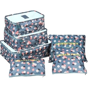 7 pc  6 pc travel oraganizer packing cubes kit sapace saver multi use bag for men and women clothes packing cubes for travel cupboard oraganizer cubes 6 pouch-blue flower