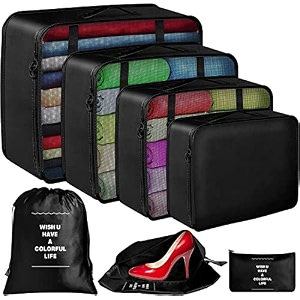 7 pc  6 pc travel oraganizer packing cubes kit sapace saver multi use bag for men and women clothes packing cubes for travel cupboard oraganizer cubes 7 pc-black