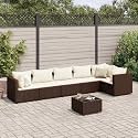 7-Piece Brown Outdoor Patio Lounge Set with Modular Design and Weather-Resistant Poly Rattan, Comfortable Seating for 6 with Plush Cushions and Functional Coffee Table