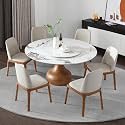 7 Piece Dining Room Set, 59“D Sintered Stone Dining Table Set for 6, Modern Kitchen Table and Chairs Set, Round Marble Dining Table with Walnut Base &amp; Lazy Susan