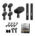 7 Piece Drum Mic Kit with Carrying Case, Full Metal Wired Dynamic Drum Mics Set for Kick Bass, Tom, Snare, Hi-hat Cymbals and Musical Instrument Drum Microphone with Holders, Threaded Clips