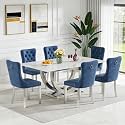 7-Piece Faux Marble Dining Table Set for 6, Luxury White Marble Silver Kitchen Table with 6 Blue Tufted Chairs, 69.3" Rectangular Dining Room Table with Dual U-Shape Stainless Steel Base