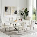 7-Piece Faux Marble Dining Table Set for 6, Luxury White Marble Silver Kitchen Table with 6 Beige Tufted Chairs, 69.3" Rectangular Dining Room Table with Dual U-Shape Stainless Steel Base