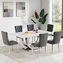 7-Piece Faux Marble Dining Table Set for 6, Luxury White Marble Silver Kitchen Table with 6 Grey Tufted Chairs, 69.3" Rectangular Dining Room Table with Dual U-Shape Stainless Steel Base